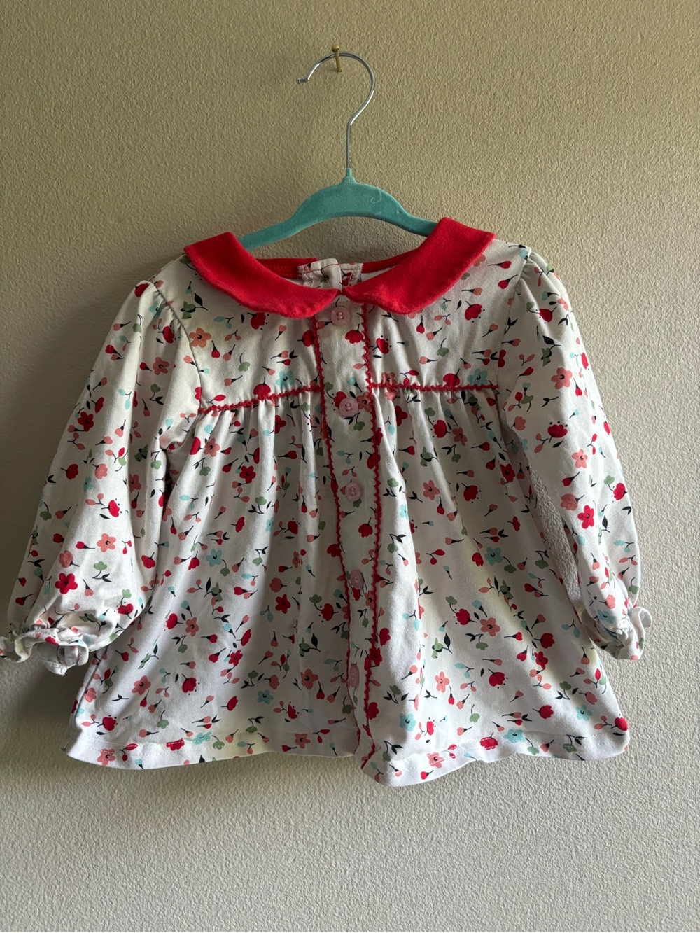 Stitchy Fish Cream Floral Blouse with Red Peter Pan Collar for Girls